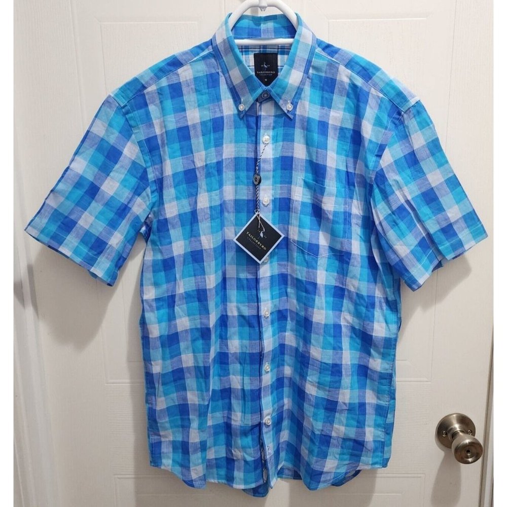 NWT Tailorbyrd Blue Plaid Button Down SS Shirt Kids Boys Size 18 100% Cotton
